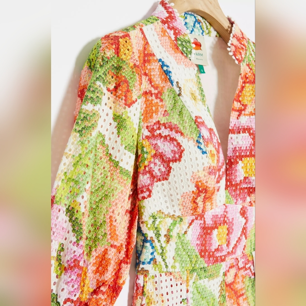 FARM Rio Colorful White Floral Eyelet Mini Dress Size Xs From Anthropologie - Picture 4 of 5